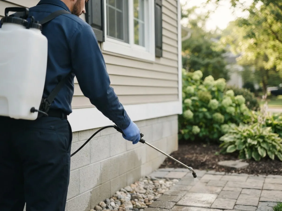 Pest control technician inspecting a home in Loganton, PA
